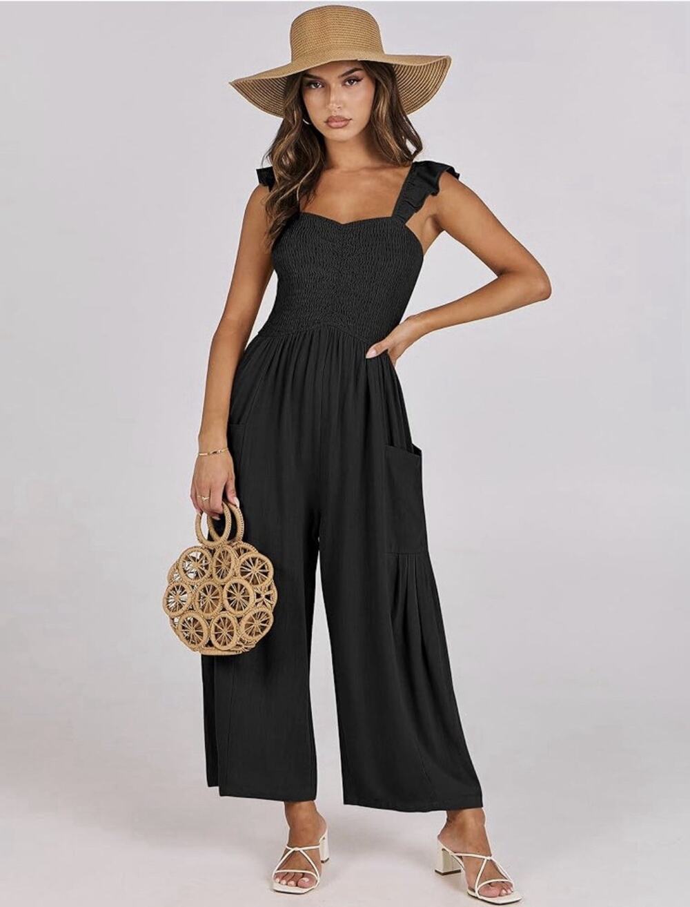 Women Casual Dressy Sleeveless Smocked Wide Leg Linen Jumpsuit Size M
